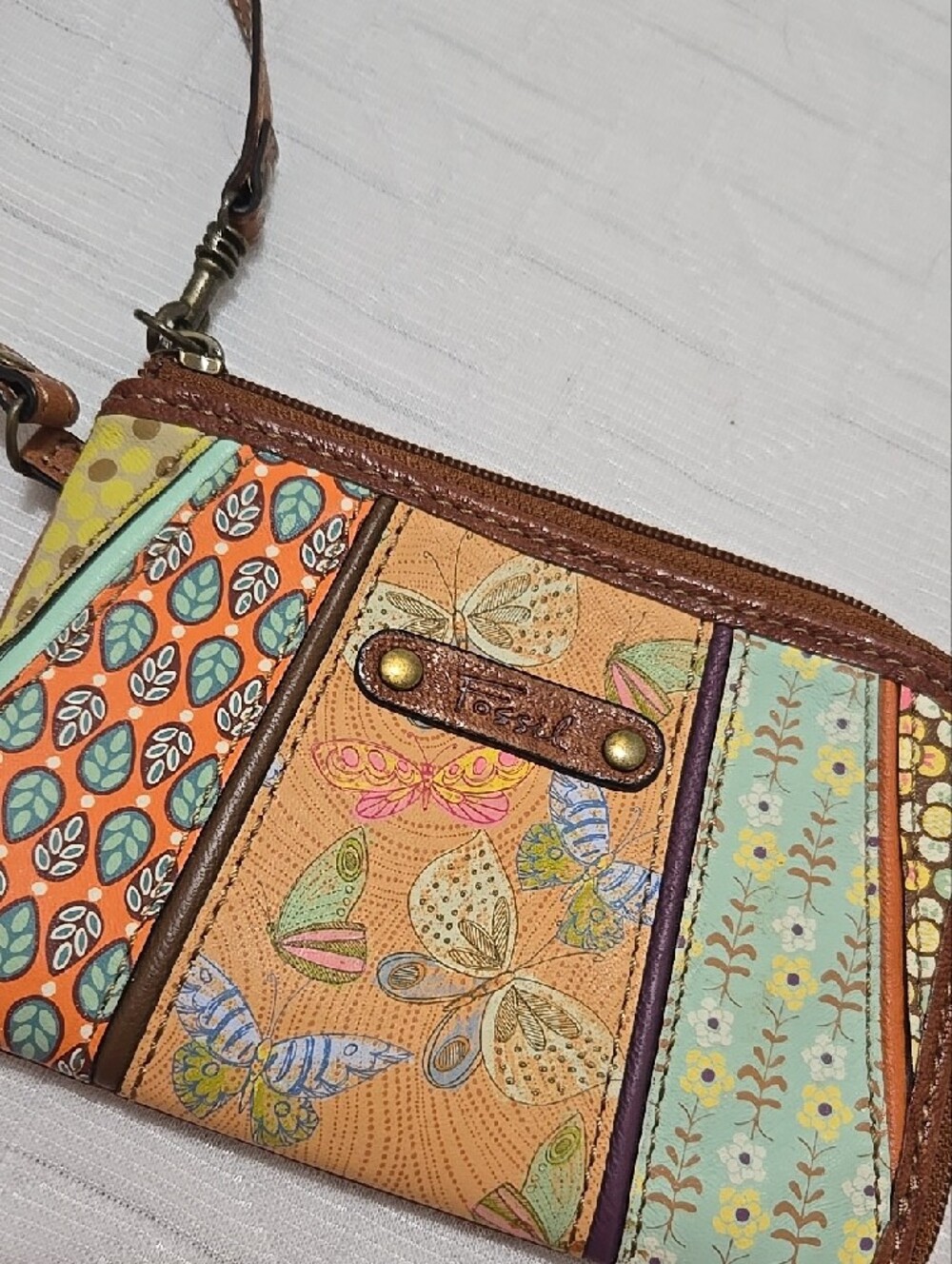 Fossil Genuine Leather Multicolor Floral & Butterfly Patchwork Wristlet